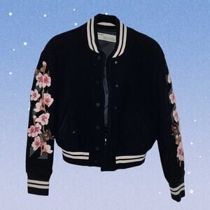 OFF-WHITE Black Emroidered Cherry Varsity Wool Jacket in NERO FIORI ROSA 2017